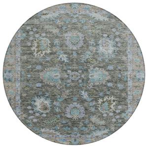 HomeRoots 5' Timeless Floral Area Rug in Fern Green & Denim Blue - Washable & Durable for Indoor/Outdoor Use 8' Round 631625