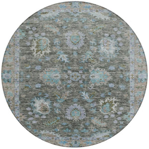 HomeRoots 5' Timeless Floral Area Rug in Fern Green & Denim Blue - Washable & Durable for Indoor/Outdoor Use 8' Round 631625