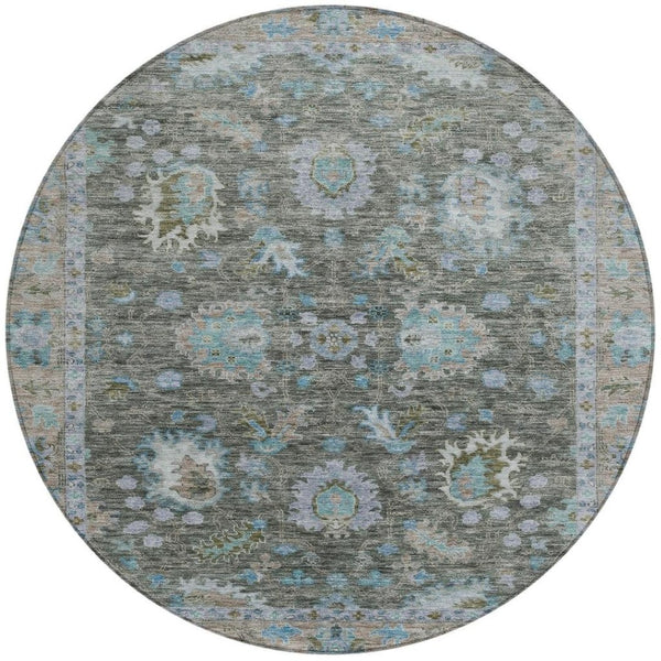 HomeRoots 5' Timeless Floral Area Rug in Fern Green & Denim Blue - Washable & Durable for Indoor/Outdoor Use 8' Round 631625