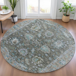 HomeRoots 5' Timeless Floral Area Rug in Fern Green & Denim Blue - Washable & Durable for Indoor/Outdoor Use 8' Round 631625