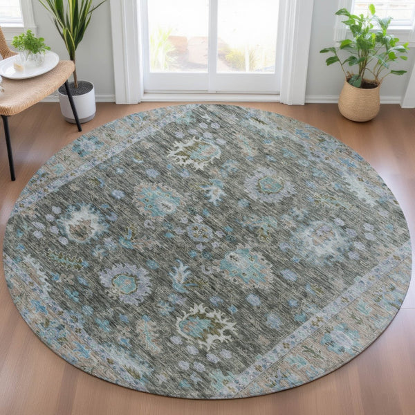 HomeRoots 5' Timeless Floral Area Rug in Fern Green & Denim Blue - Washable & Durable for Indoor/Outdoor Use 8' Round 631625
