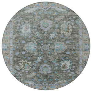 HomeRoots 5' Timeless Floral Area Rug in Fern Green & Denim Blue - Washable & Durable for Indoor/Outdoor Use 8' Round 631625