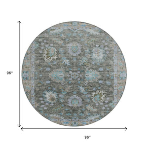 HomeRoots 5' Timeless Floral Area Rug in Fern Green & Denim Blue - Washable & Durable for Indoor/Outdoor Use 8' Round 631625