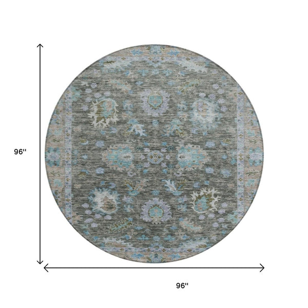 HomeRoots 5' Timeless Floral Area Rug in Fern Green & Denim Blue - Washable & Durable for Indoor/Outdoor Use 8' Round 631625