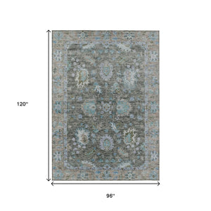 HomeRoots 5' Timeless Floral Area Rug in Fern Green & Denim Blue - Washable & Durable for Indoor/Outdoor Use 8' X 10' 631626