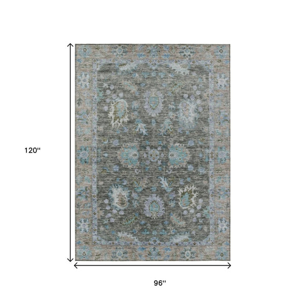 HomeRoots 5' Timeless Floral Area Rug in Fern Green & Denim Blue - Washable & Durable for Indoor/Outdoor Use 8' X 10' 631626