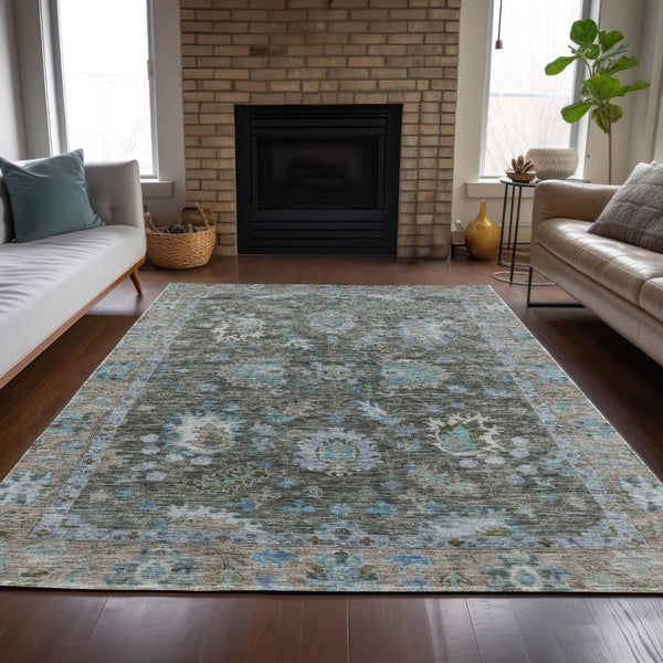 HomeRoots 5' Timeless Floral Area Rug in Fern Green & Denim Blue - Washable & Durable for Indoor/Outdoor Use 8' X 10' 631626