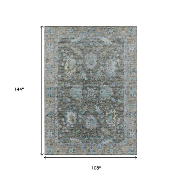 HomeRoots 5' Timeless Floral Area Rug in Fern Green & Denim Blue - Washable & Durable for Indoor/Outdoor Use 9' X 12' 631627