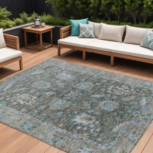 HomeRoots 5' Timeless Floral Area Rug in Fern Green & Denim Blue - Washable & Durable for Indoor/Outdoor Use 9' X 12' 631627