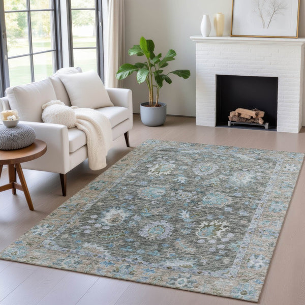 HomeRoots 5' Timeless Floral Area Rug in Fern Green & Denim Blue - Washable & Durable for Indoor/Outdoor Use 9' X 12' 631627