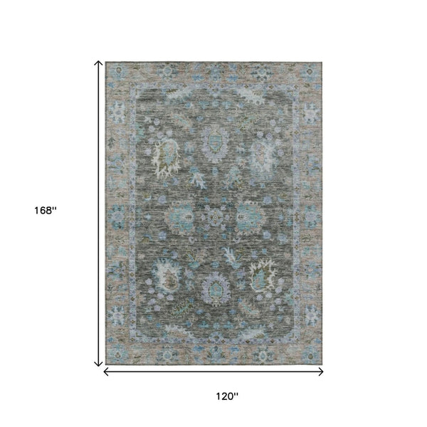 HomeRoots 5' Timeless Floral Area Rug in Fern Green & Denim Blue - Washable & Durable for Indoor/Outdoor Use 10' X 14' 631628