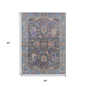 HomeRoots 5' Gray and Denim Blue Floral Area Rug - Washable, Durable, Versatile for Indoor and Outdoor Use 5' X 8' 631630