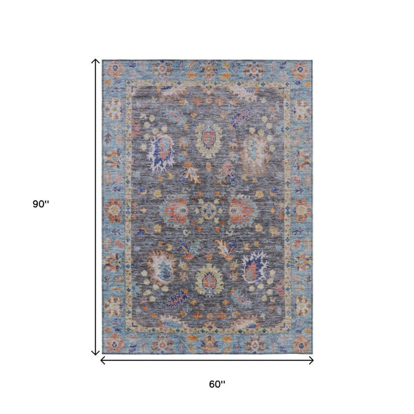 HomeRoots 5' Gray and Denim Blue Floral Area Rug - Washable, Durable, Versatile for Indoor and Outdoor Use 5' X 8' 631630