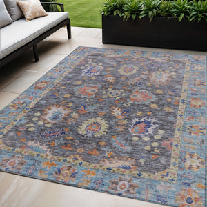 HomeRoots 5' Gray and Denim Blue Floral Area Rug - Washable, Durable, Versatile for Indoor and Outdoor Use 5' X 8' 631630