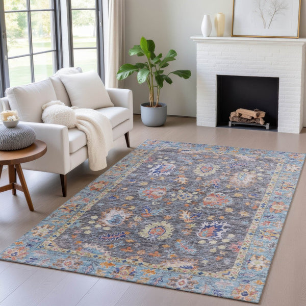 HomeRoots 5' Gray and Denim Blue Floral Area Rug - Washable, Durable, Versatile for Indoor and Outdoor Use 5' X 8' 631630
