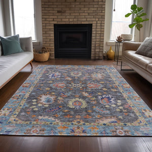 HomeRoots 5' Gray and Denim Blue Floral Area Rug - Washable, Durable, Versatile for Indoor and Outdoor Use 5' X 8' 631630
