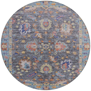 HomeRoots 5' Gray and Denim Blue Floral Area Rug - Washable, Durable, Versatile for Indoor and Outdoor Use 8' Round 631631