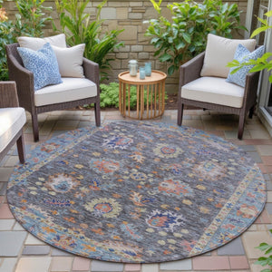 HomeRoots 5' Gray and Denim Blue Floral Area Rug - Washable, Durable, Versatile for Indoor and Outdoor Use 8' Round 631631