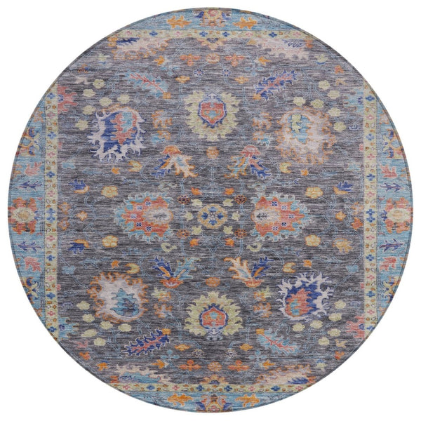 HomeRoots 5' Gray and Denim Blue Floral Area Rug - Washable, Durable, Versatile for Indoor and Outdoor Use 8' Round 631631