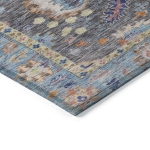 HomeRoots 5' Gray and Denim Blue Floral Area Rug - Washable, Durable, Versatile for Indoor and Outdoor Use 8' Round 631631