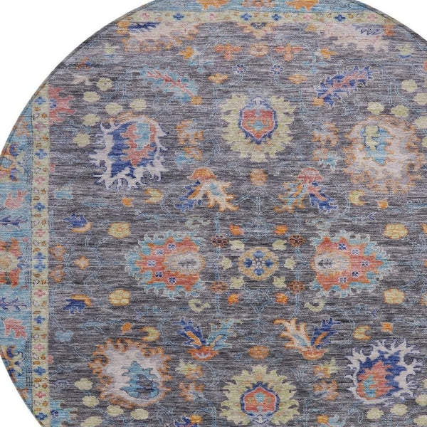 HomeRoots 5' Gray and Denim Blue Floral Area Rug - Washable, Durable, Versatile for Indoor and Outdoor Use 8' Round 631631
