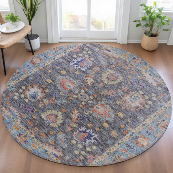 HomeRoots 5' Gray and Denim Blue Floral Area Rug - Washable, Durable, Versatile for Indoor and Outdoor Use 8' Round 631631