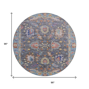 HomeRoots 5' Gray and Denim Blue Floral Area Rug - Washable, Durable, Versatile for Indoor and Outdoor Use 8' Round 631631