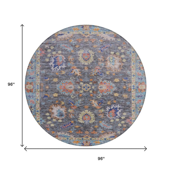 HomeRoots 5' Gray and Denim Blue Floral Area Rug - Washable, Durable, Versatile for Indoor and Outdoor Use 8' Round 631631