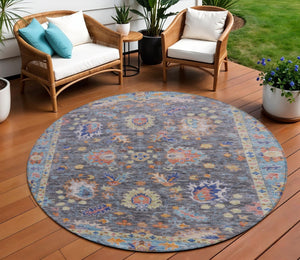 HomeRoots 5' Gray and Denim Blue Floral Area Rug - Washable, Durable, Versatile for Indoor and Outdoor Use 8' Round 631631