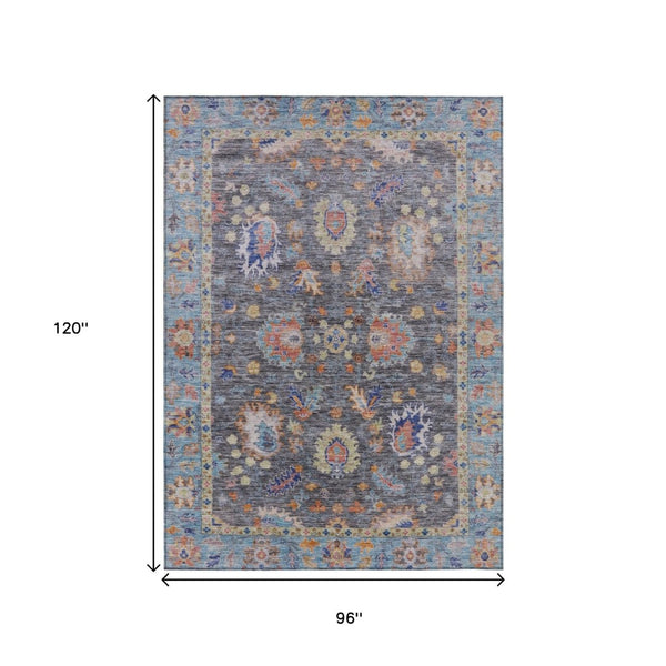 HomeRoots 5' Gray and Denim Blue Floral Area Rug - Washable, Durable, Versatile for Indoor and Outdoor Use 8' X 10' 631632