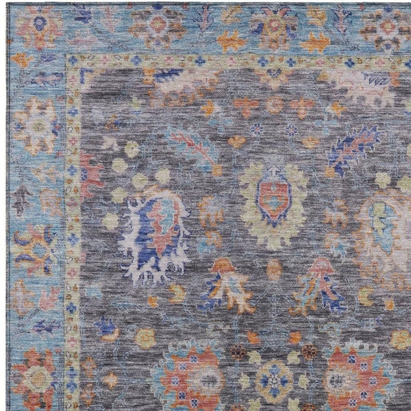 HomeRoots 5' Gray and Denim Blue Floral Area Rug - Washable, Durable, Versatile for Indoor and Outdoor Use 8' X 10' 631632