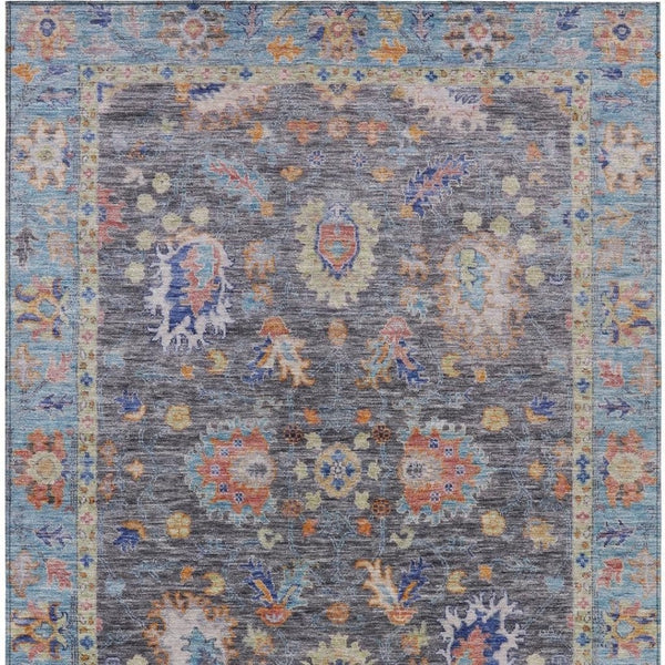 HomeRoots 5' Gray and Denim Blue Floral Area Rug - Washable, Durable, Versatile for Indoor and Outdoor Use 9' X 12' 631633