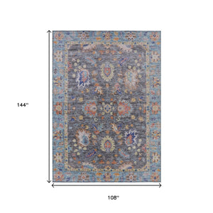 HomeRoots 5' Gray and Denim Blue Floral Area Rug - Washable, Durable, Versatile for Indoor and Outdoor Use 9' X 12' 631633