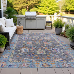 HomeRoots 5' Gray and Denim Blue Floral Area Rug - Washable, Durable, Versatile for Indoor and Outdoor Use 9' X 12' 631633