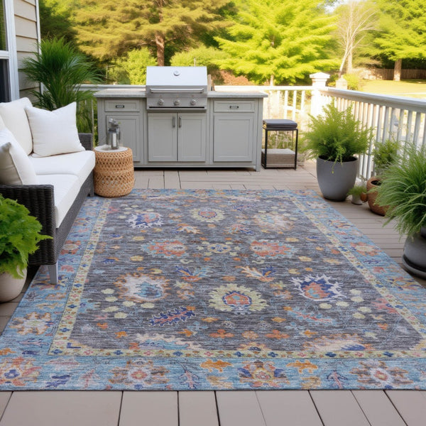 HomeRoots 5' Gray and Denim Blue Floral Area Rug - Washable, Durable, Versatile for Indoor and Outdoor Use 9' X 12' 631633