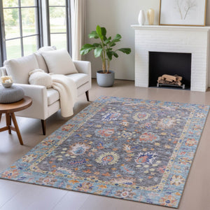HomeRoots 5' Gray and Denim Blue Floral Area Rug - Washable, Durable, Versatile for Indoor and Outdoor Use 9' X 12' 631633