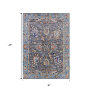 HomeRoots 5' Gray and Denim Blue Floral Area Rug - Washable, Durable, Versatile for Indoor and Outdoor Use 10' X 14' 631634