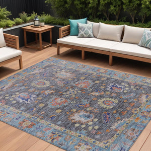 HomeRoots 5' Gray and Denim Blue Floral Area Rug - Washable, Durable, Versatile for Indoor and Outdoor Use 10' X 14' 631634