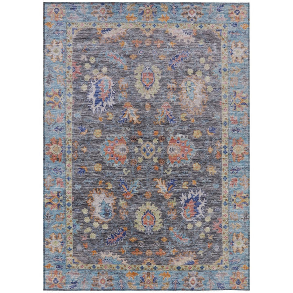 HomeRoots 5' Gray and Denim Blue Floral Area Rug - Washable, Durable, Versatile for Indoor and Outdoor Use 10' X 14' 631634