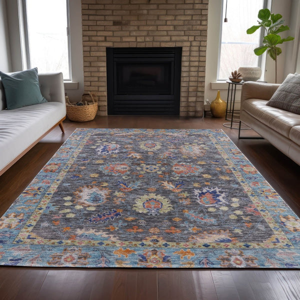 HomeRoots 5' Gray and Denim Blue Floral Area Rug - Washable, Durable, Versatile for Indoor and Outdoor Use 10' X 14' 631634