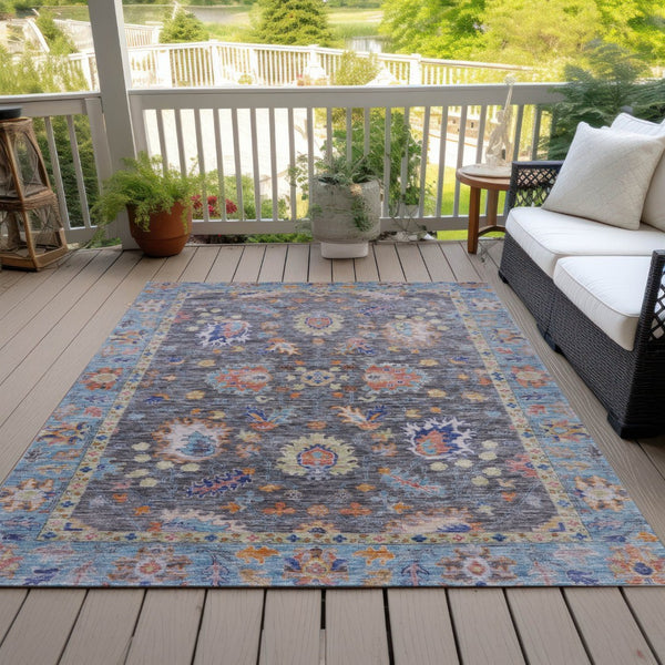 HomeRoots 5' Gray and Denim Blue Floral Area Rug - Washable, Durable, Versatile for Indoor and Outdoor Use 10' X 14' 631634