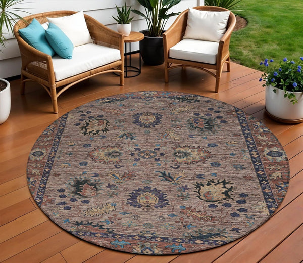 HomeRoots 5' Brown and Beige Floral Area Rug – Durable and Stylish for Indoor/Outdoor Spaces, Easy Care 8' Round 631637