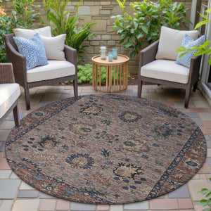 HomeRoots 5' Brown and Beige Floral Area Rug – Durable and Stylish for Indoor/Outdoor Spaces, Easy Care 8' Round 631637