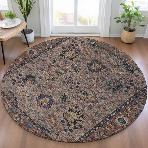 HomeRoots 5' Brown and Beige Floral Area Rug – Durable and Stylish for Indoor/Outdoor Spaces, Easy Care 8' Round 631637