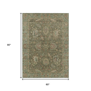 HomeRoots 5' Refresh Your Space with a Durable Olive Green and Rust Floral Washable Area Rug for Indoor/Outdoor Use 5' X 8' 631642