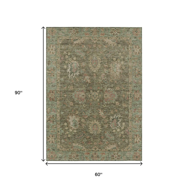 HomeRoots 5' Refresh Your Space with a Durable Olive Green and Rust Floral Washable Area Rug for Indoor/Outdoor Use 5' X 8' 631642