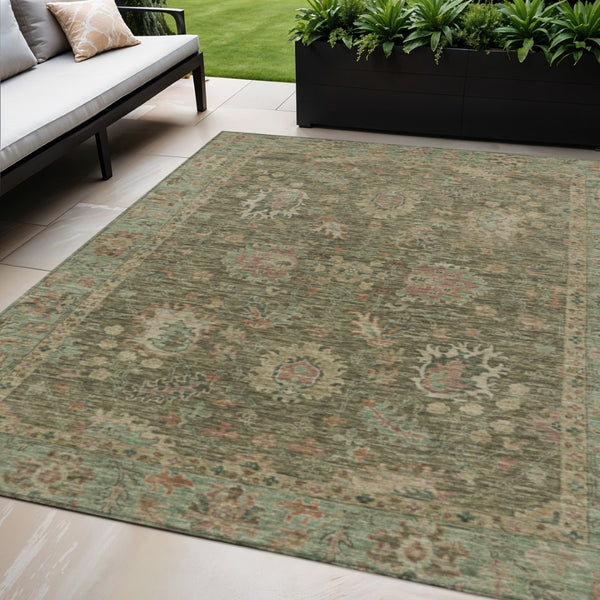 HomeRoots 5' Refresh Your Space with a Durable Olive Green and Rust Floral Washable Area Rug for Indoor/Outdoor Use 5' X 8' 631642