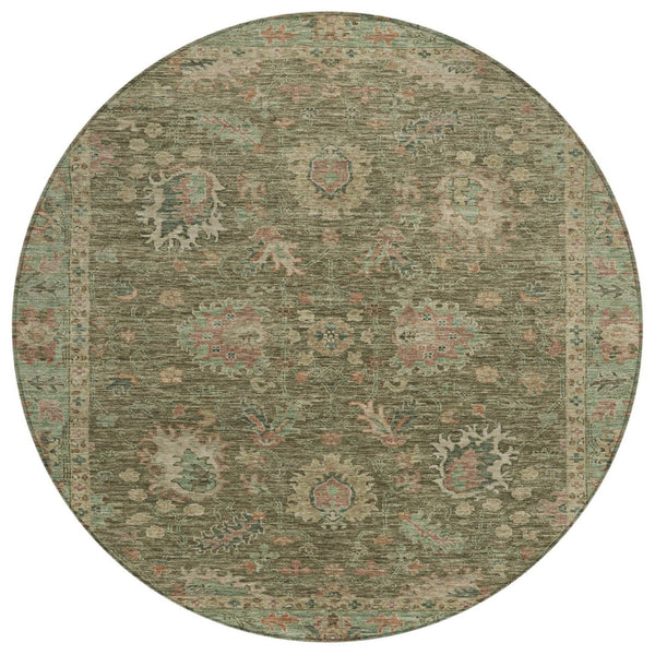 HomeRoots 5' Refresh Your Space with a Durable Olive Green and Rust Floral Washable Area Rug for Indoor/Outdoor Use 8' Round 631643