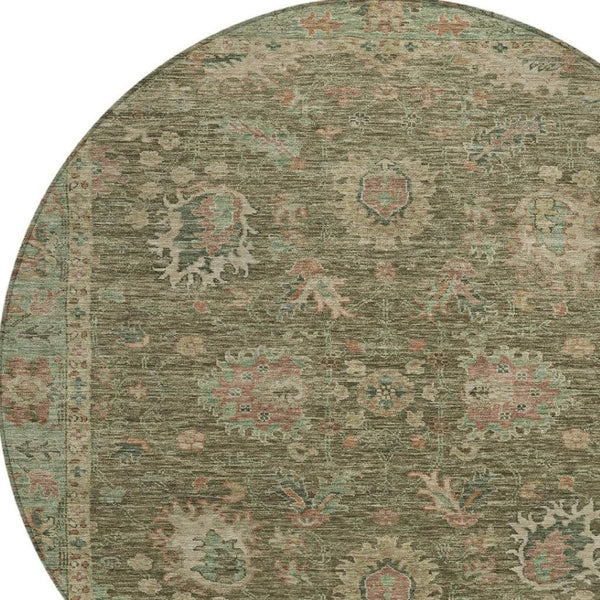 HomeRoots 5' Refresh Your Space with a Durable Olive Green and Rust Floral Washable Area Rug for Indoor/Outdoor Use 8' Round 631643