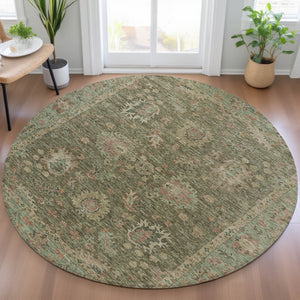 HomeRoots 5' Refresh Your Space with a Durable Olive Green and Rust Floral Washable Area Rug for Indoor/Outdoor Use 8' Round 631643
